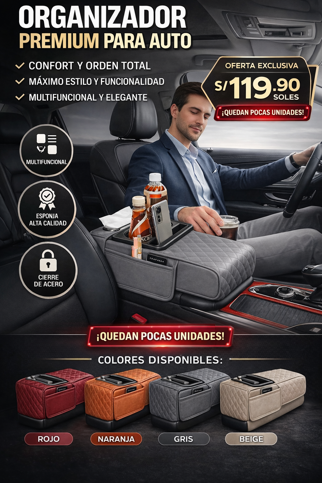 🖐️🚗 APOYA BRAZOS PARA AUTO (NEGRO CON BORDES ROJOS)