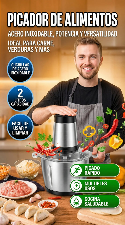 🥩🍅🔪 PICADORA / PROCESADORA DE ALIMENTOS 2L – ACERO INOXIDABLE ⚡🥇